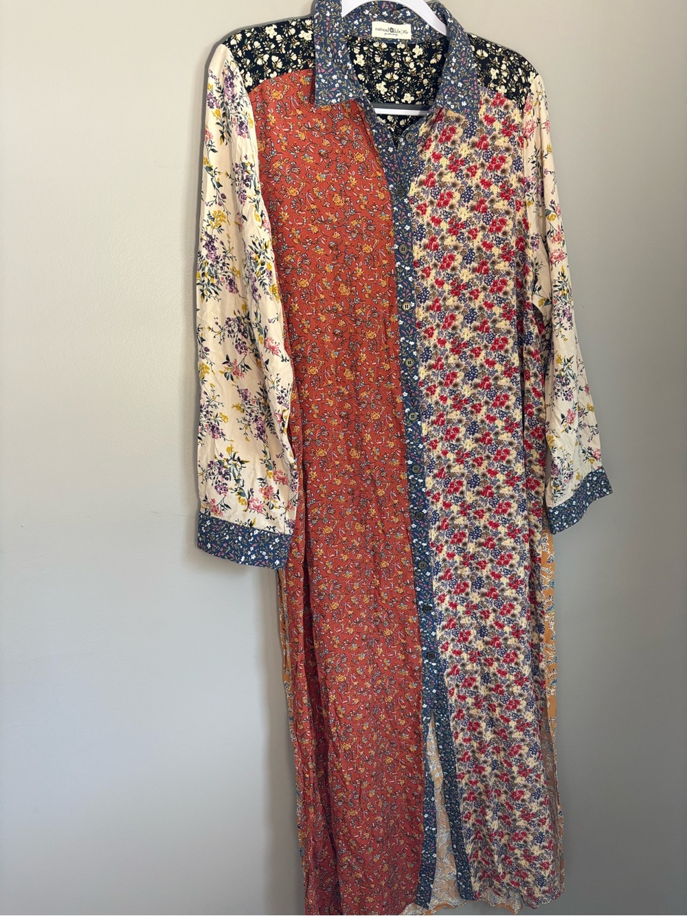 Natural Life Esme Mixed Floral Patchwork Maxi Shirt Dress Duster Boho Size XL